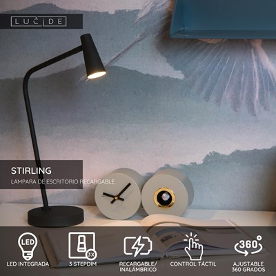 Lucide STIRLING - Lámpara de escritorio Recargable - Batería/acumulador - LED 3 StepDim - 1x3W 2700K - Negro